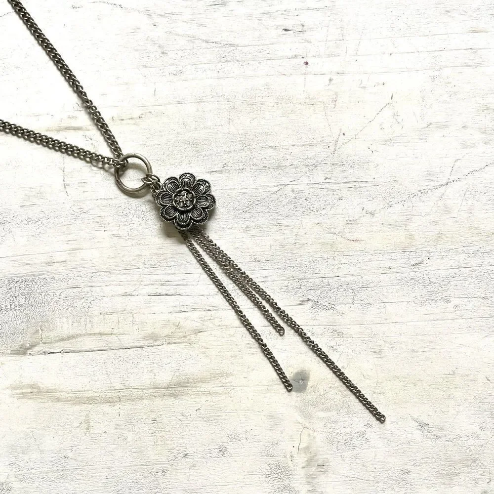 Silver tone flower tassel chain long necklace
